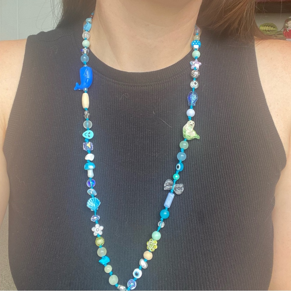 Blue Beaded Necklace with Tassel Mermaid Whale Ocean Mala Spiritual - Picture 10 of 11